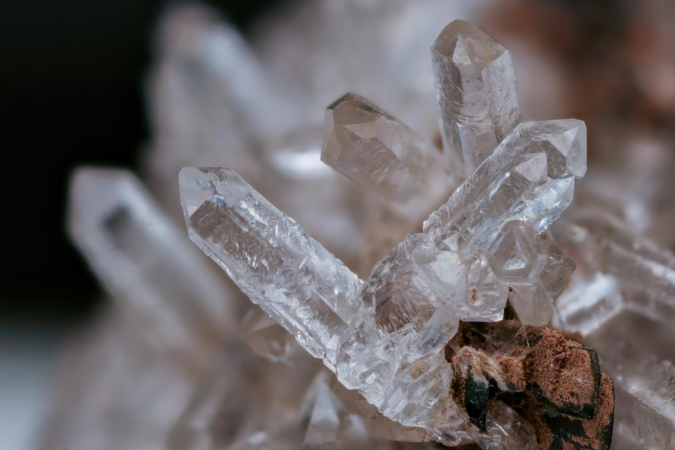 Detailed macro image of a clear quartz crystal cluster with earthy background.